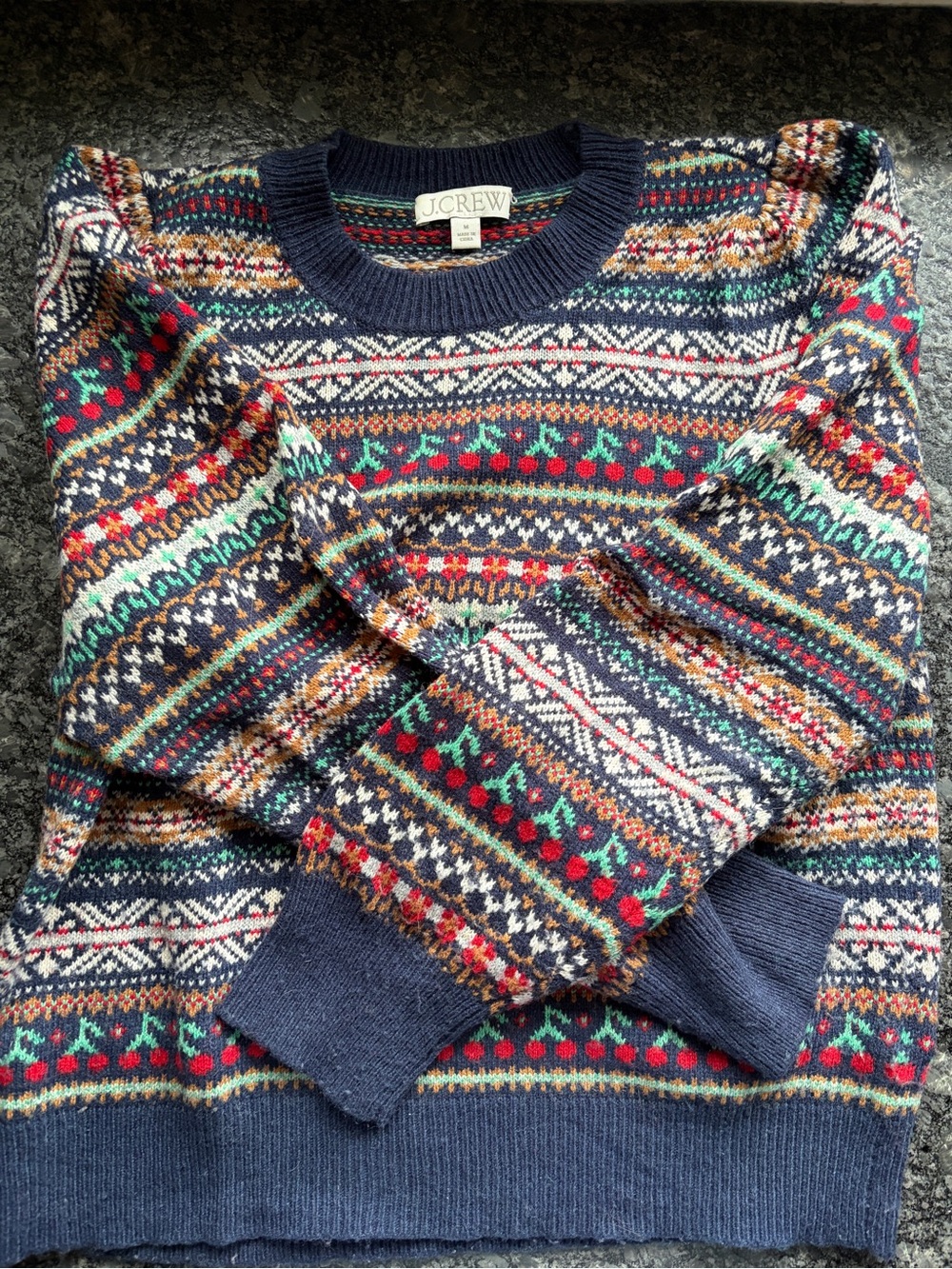 J. Crew Navy Fair Isle Crewneck Sweater with Red and Green Accents - Picture 3 of 5